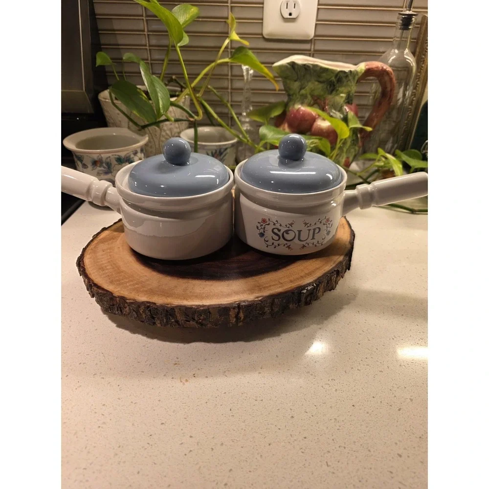 2 Heritage Stoneware Soup Bowl W/Handle Lid Crock Jay Porcelain Flowers